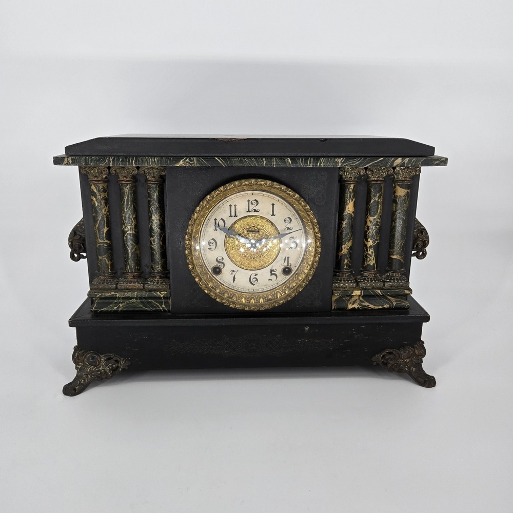 Antique E. Ingraham Mantel Clock c1895-1910‎ Black Wood Column Case Hour Strike